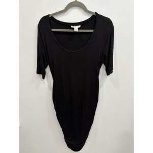 Motherhood Maternity Black Midi Dress L Ruching Sides Soft Stretchy LBD